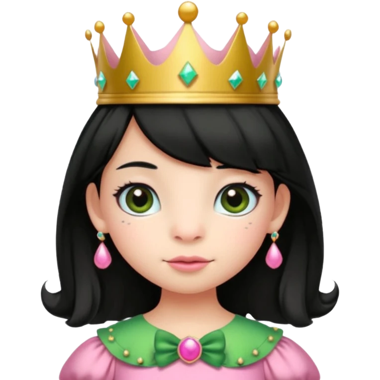 frog with black hair and short bangs with a crown pink bow and pink princess dress emoji