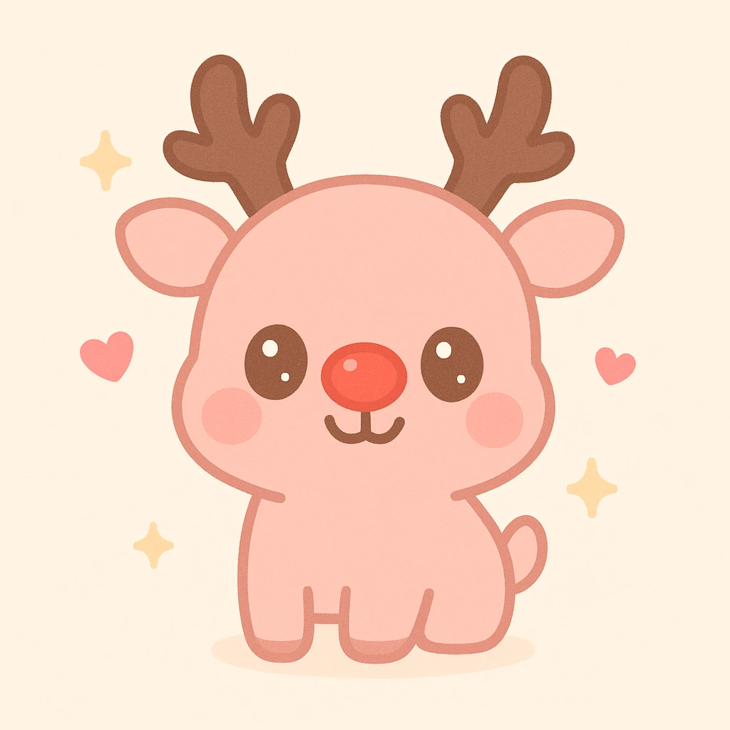 smiling pink reindeer with a red nose, kawaii style emoji