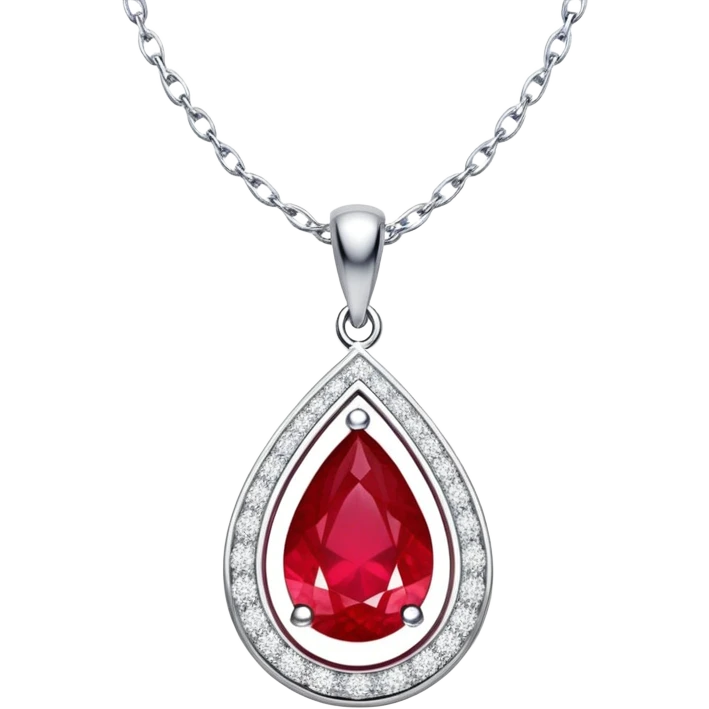 teardrop ruby pendant with silver chain and white stones, glowing with passion and renewal emoji