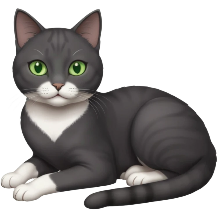 beautiful female solid dark grey cat with green eyes, white toes/paws and white patch on her chest lying down emoji