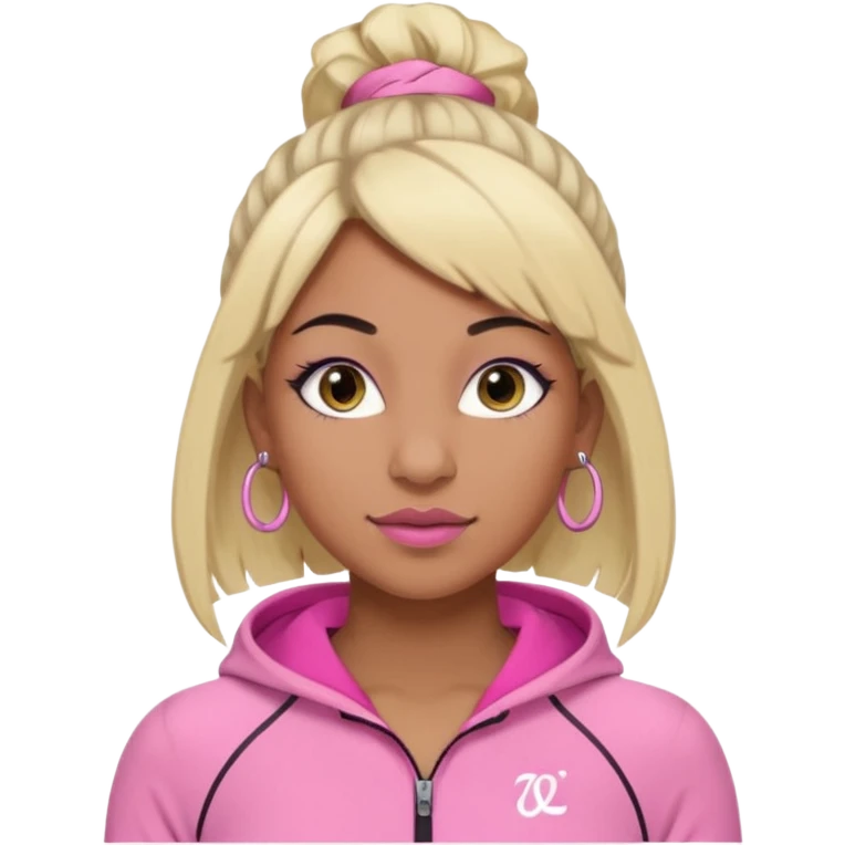 crée moi une jeune adulte brownskin au yeux brider marron foncer et une perruque blonde avec des baby hairs , un ensemble lululemone rose percing au nez et les oreilles remplis un petit full face de londonniennes des gros faux cils bien charger  emoji