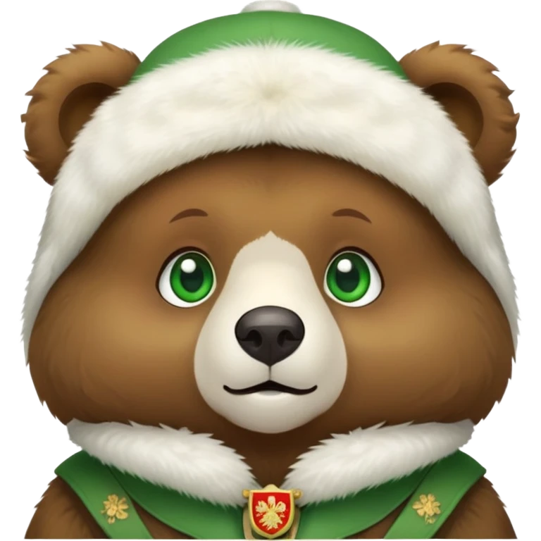 Adorable tiny brown bear face with sweet expression and green eyes, wearing only a white fur ushanka hat with clear Russian coat of arms, no body or clothing visible, iOS emoji style emoji