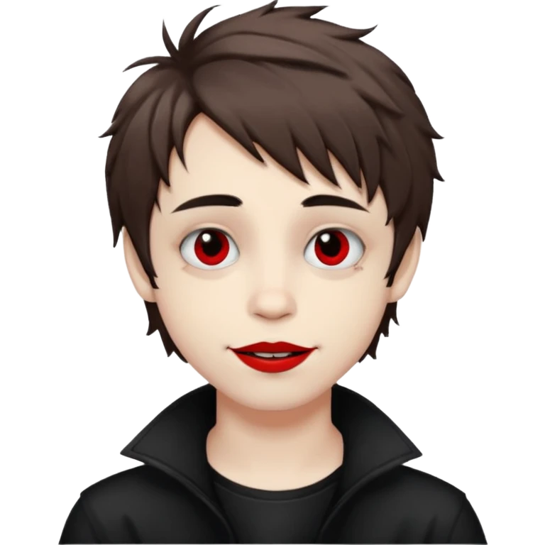 Happy pale Goth boy with shaggy brown hair, and messy black eyeliner , smudged, red, lipstick  emoji