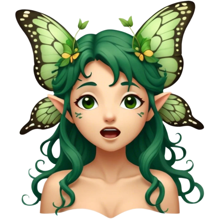 Cinematic Realistic Forest Nymph Fairy Portrait, head tilted slightly with a dramatic, wide-open yawn, revealing a tender, relaxed visage with finely detailed tanned skin and flowing, vine-adorned dark green hair gently framing her face. Her sleepy eyes exude a serene, dreamlike quality as soft natural sunlight filters through the canopy, showing her large butterfly wings from her back capturing the essence of a drowsy yet captivating forest nymph drifting into peaceful slumber. emoji