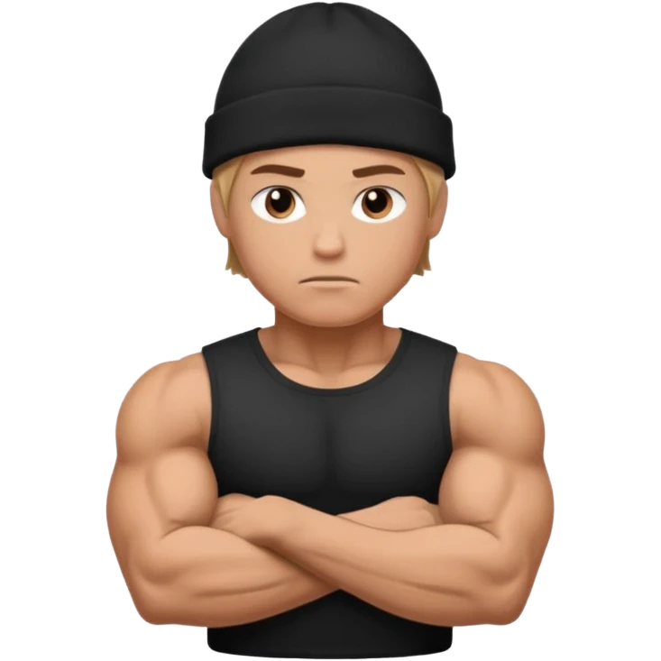 Muscular hero in black beanie, serious expression, folded arms.



































 emoji