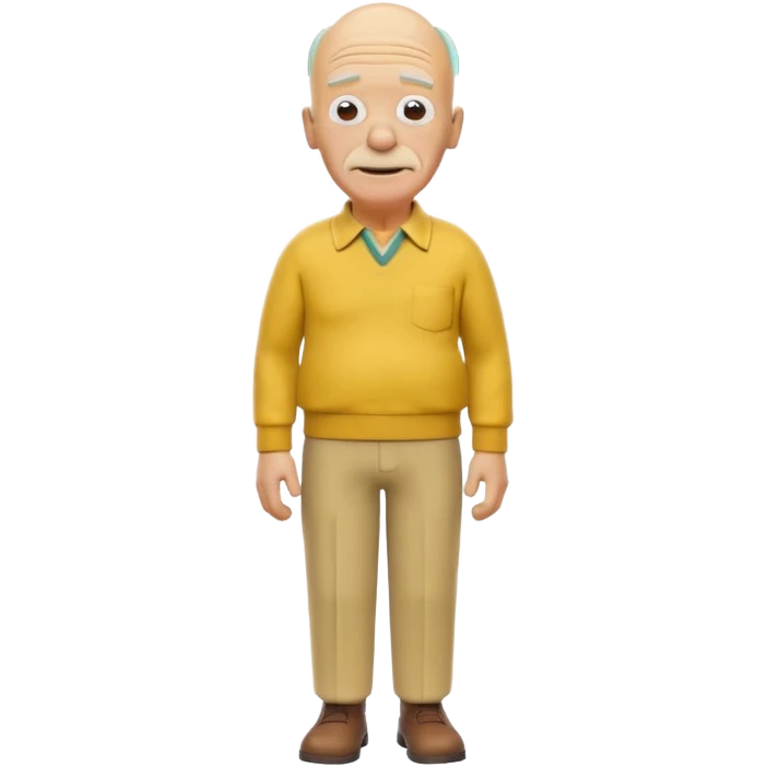 A 3D cartoon elderly man entirely yellow, styled like Grandpa Simpson, bald head with few hair strands, wrinkled face, yellow shirt and trousers, kind smile, cinematic Memoji-style render matching other Simpsons characters. emoji