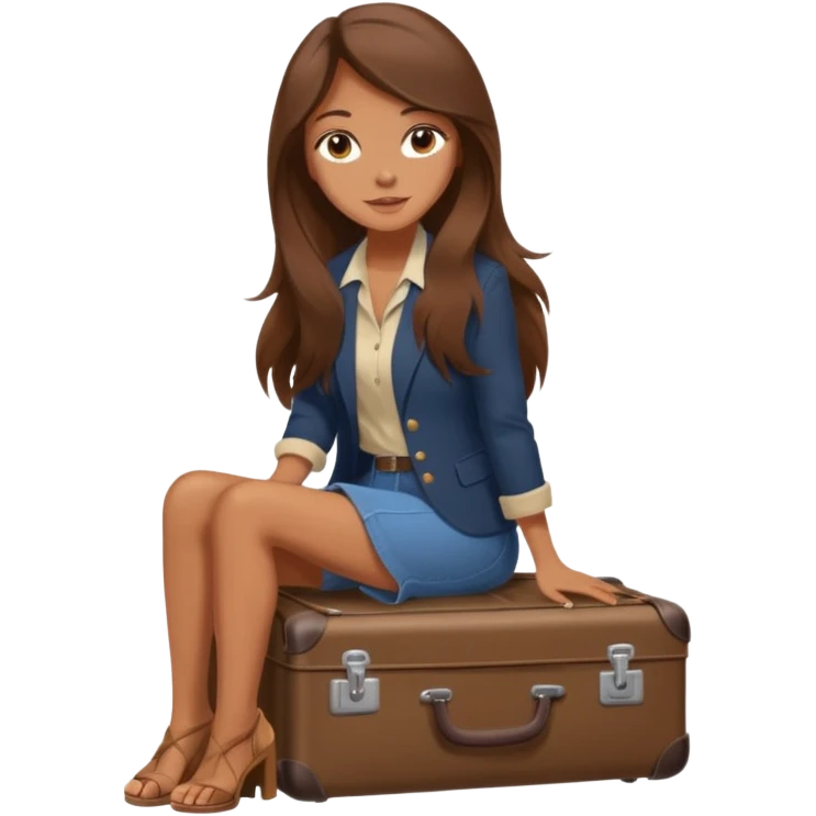 The sticker is a realistic beautiful woman with long brown hair, sitting on a suitcase, a cartoon-style vector illustration created using Procreate --chaos 25 emoji