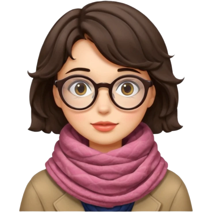 A shy brunette hair wavy short hair woman with big round glasses and thick scarf, blushing from the cold. emoji