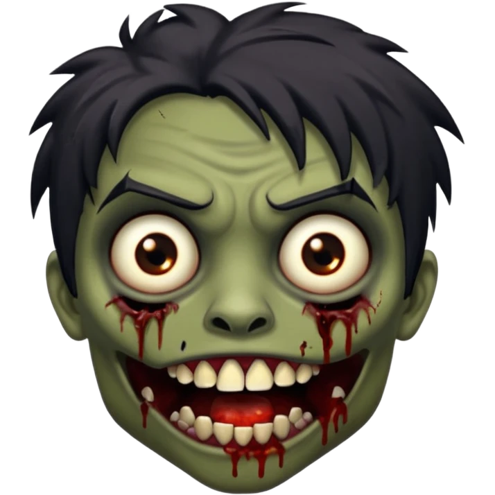 Brown-skinned zombie with messy black hair, wide centered brown eyes, dark bloody marks under the eyes, and a slightly open mouth showing crooked teeth grillz, giving a distressed, undead look. emoji