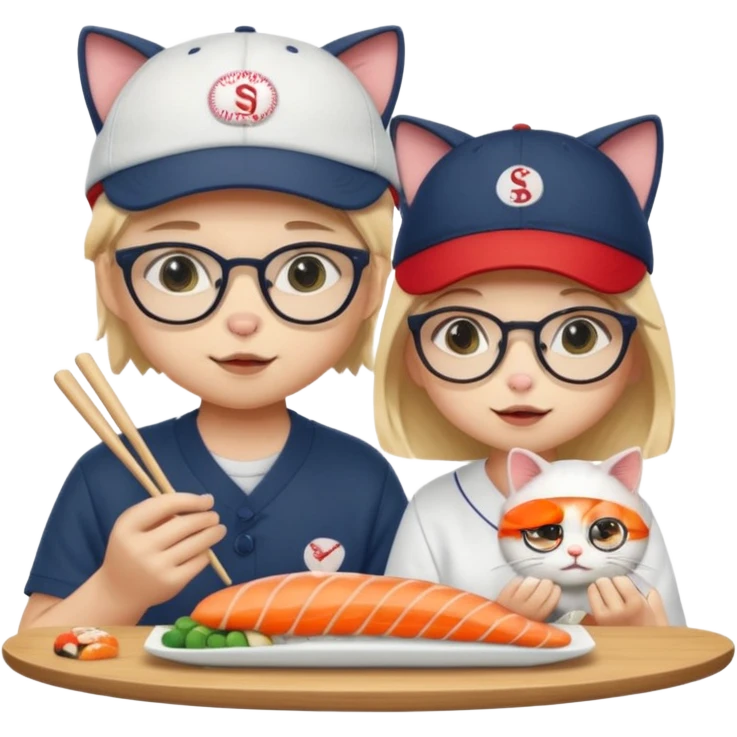 cute girl cat wearing glasses and a cute boy cat wearing a baseball cap eating sushi together emoji