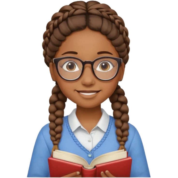 A student, girl, brown skin, braid hair, wearing glasses, hold book in front of their chest emoji