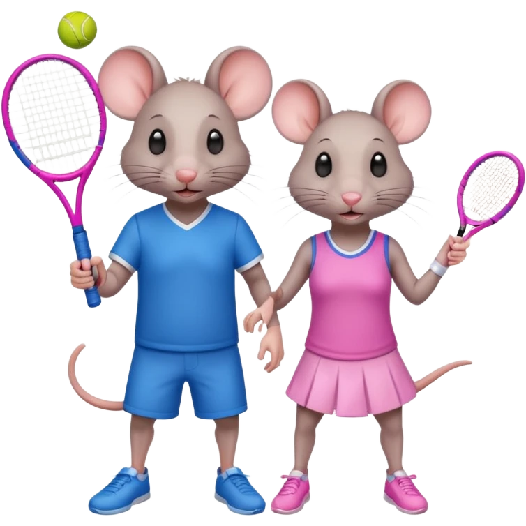 Male and female rat playing tennis one wearing blue the other wearing pink emoji