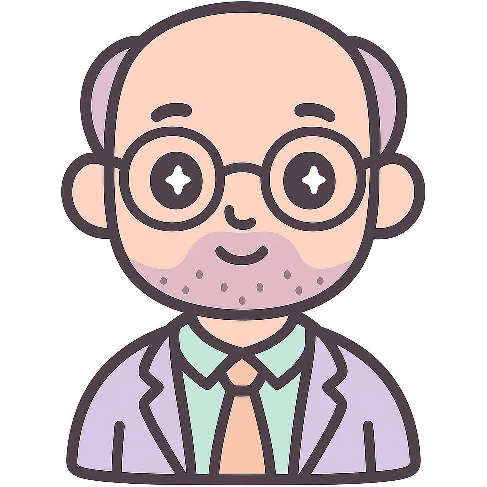 profesor con cabello muy corto, con entradas, barba muy fina y gafas, piel rosada, fondo claro emoji