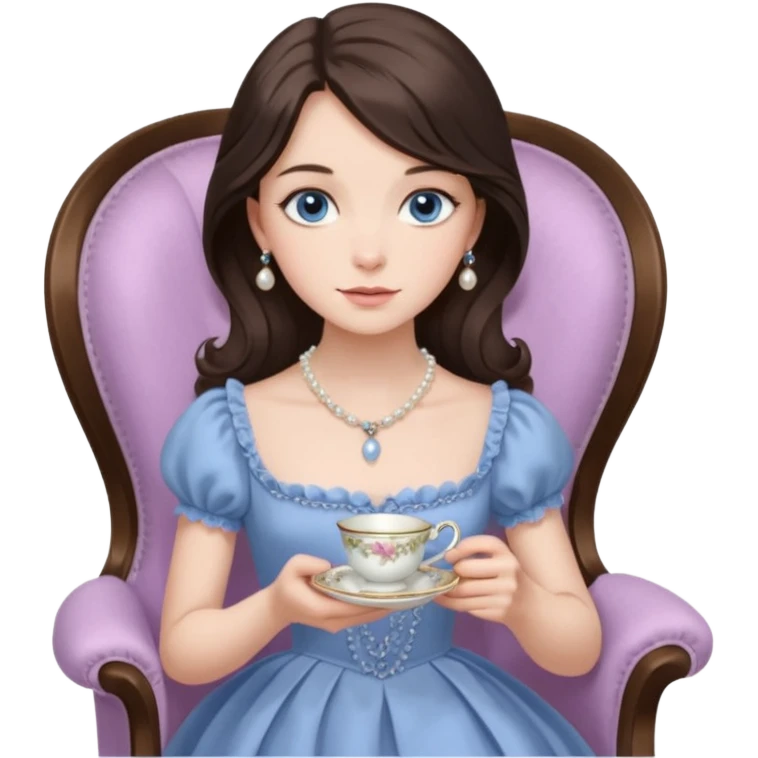 Hyper-realistic Blue-eyed brunette, wearing a Victorian style dress. She has a simple pearl necklace. Her dress is the palest lilac.  She is sitting gracefully in a chair, holding a teacup and saucer emoji