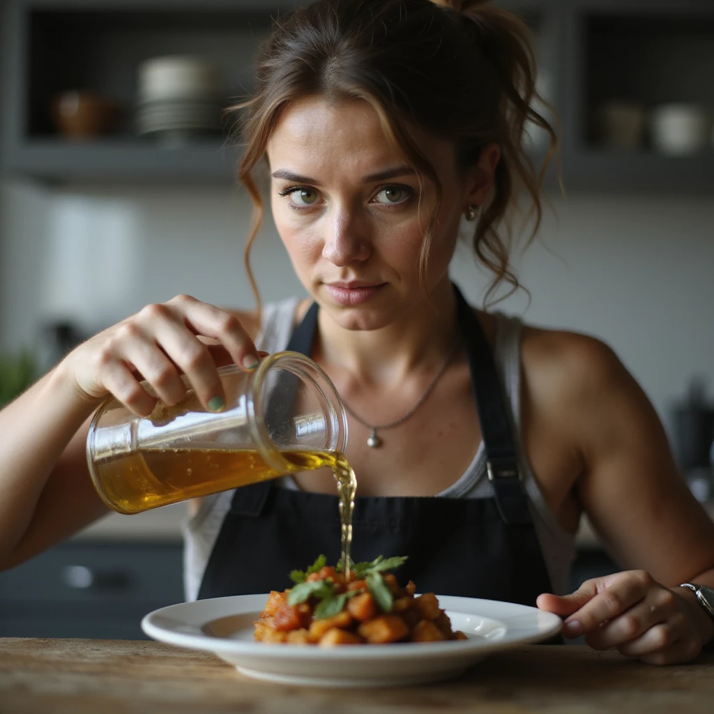 realistic hyper-detailed 4K image of a woman pouring abundant oil or sauce on a small plate of food, with an unaware expression, in a kitchen environment emoji
