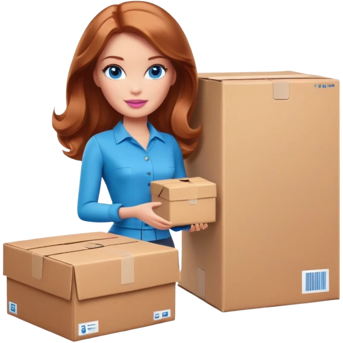 Barbie with shoulder-length reddish-brown hair, blue eyes with makeup, brown clothes , stands with a parcel box emoji