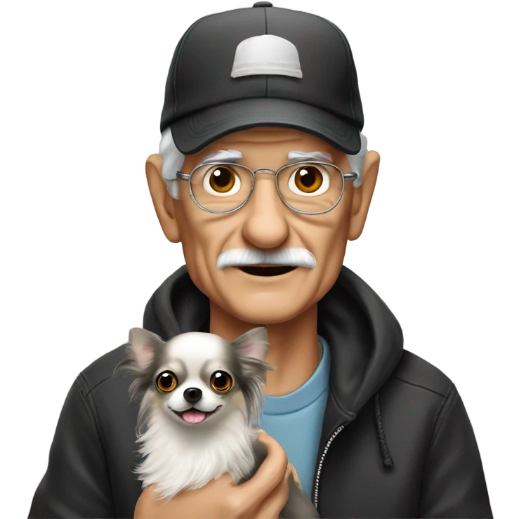 Old man in ball cap holding black long haired chihuahua  emoji