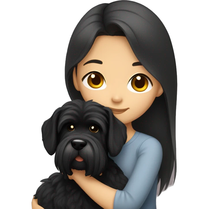 Asian girl with long hair cuddling with black schnauzer emoji