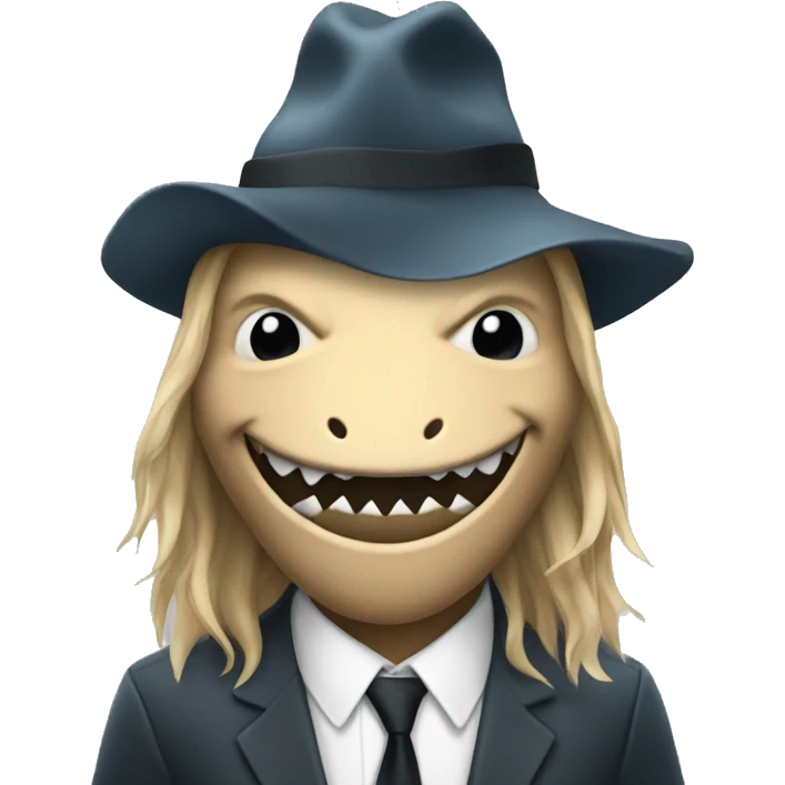 Shark face with long hair and a suit and a hat emoji