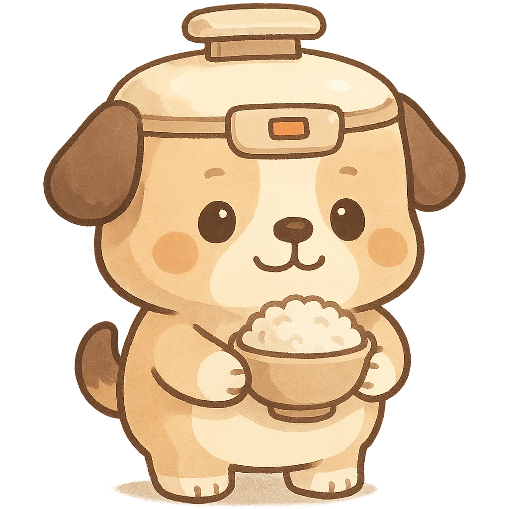 rice cooker dog in chibi style, round belly, holding a rice bowl, soft cream and brown palette, full-body emoji