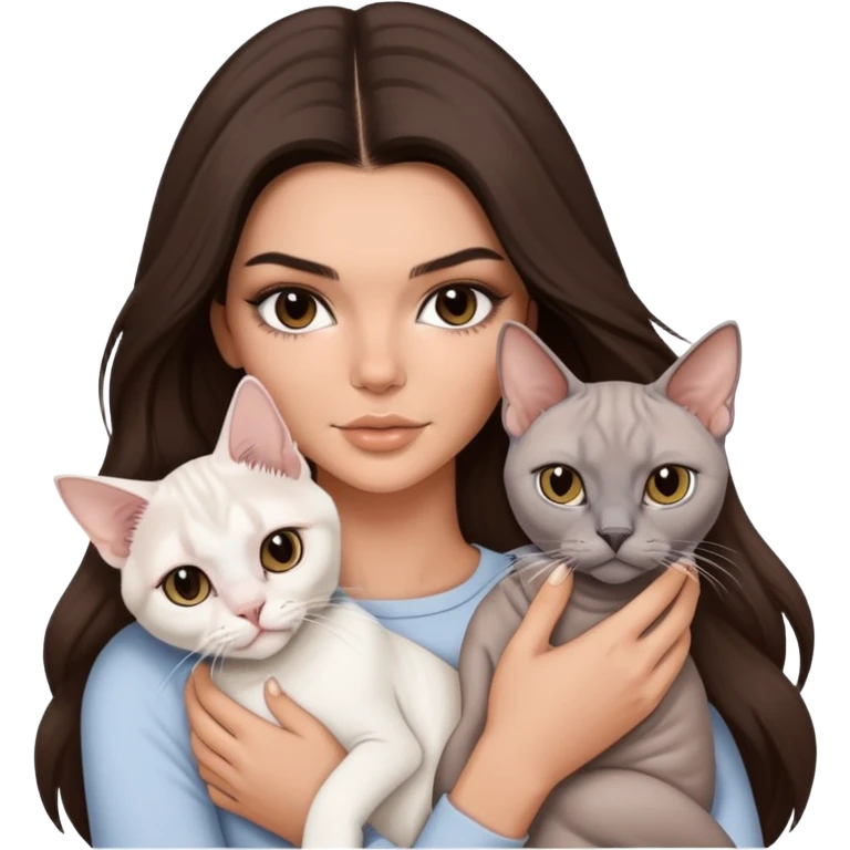 brunette Kendall Jenner with long hair holding on the hands a british white british cat and a grey Sphynx cat emoji