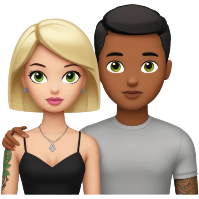 Brown skin blonde hair brown eyed barbie with her pale boyfriend with black short hair and green eyes with tattoos emoji