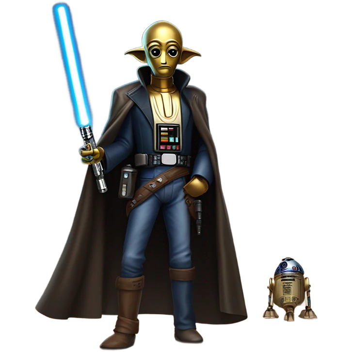 jedi first order human-sized darkblue-pearl friendly bounty hunter c3po droid wearing a leather wild west duster coat holding light saber ready to fight but relaxed. antiqued emoji