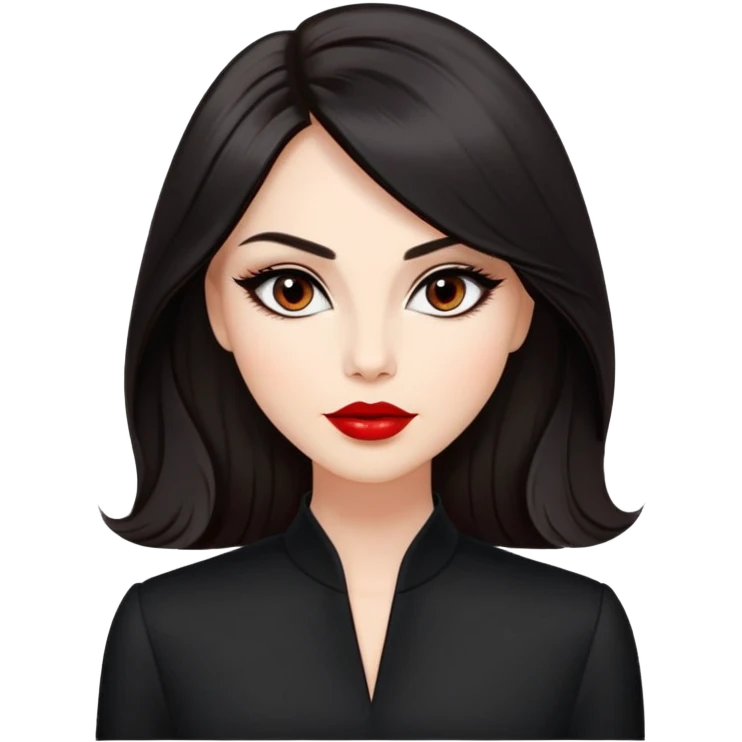 Respected actress with fair glowing skin, voluminous dark straight hair with slight waves at ends, almond eyes with refined eyeliner, defined features, red lips, black elegant outfit, poised professional expression emoji