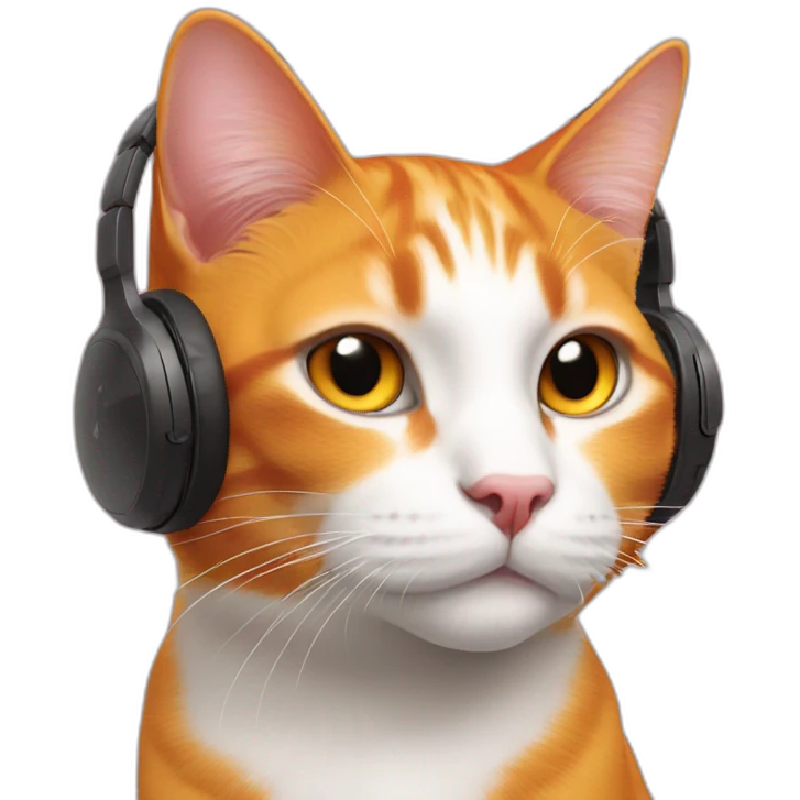 orange cat, pink nose, white nose bridge, white mouth, white chest, wearing red headphones emoji