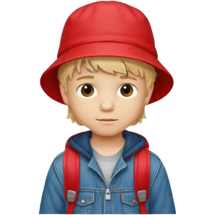 A little boy student, blonde hair, with red bucket hat, jean jacket, backpack emoji