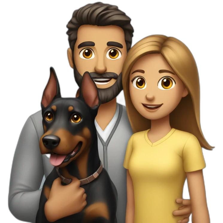 A  man with beard and with a beautiful girl playing with a boy Doberman dog emoji