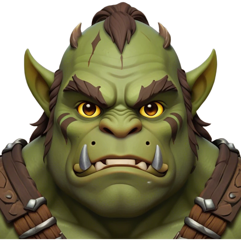 Cinematic Noble Ogre Portrait Emoji, Majestic and imposing, with a rugged, muscular form in deep earthy greens and browns, adorned with battle scars and subtle tribal markings, exuding calm, noble strength and unexpected wisdom, simplified yet strikingly detailed, glowing with a shadowy outline that captures the essence of a gentle giant with fierce heart! emoji