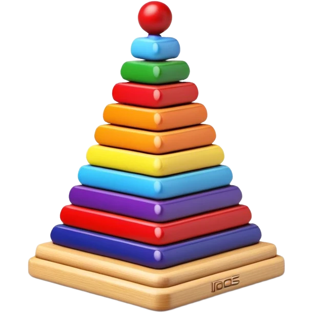 Children's stacking pyramid toy with rings in rainbow order: red, orange, yellow, green, light blue, dark blue, and purple rings emoji