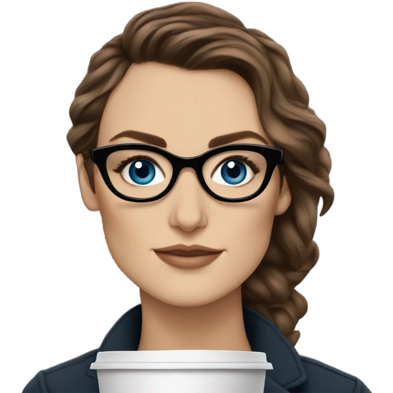  ⁸lHyper Realistic Photo keireav Knightly wearing black glasses and blue eyes holding Starbucks  emoji