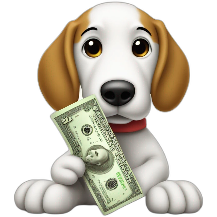 Rolled up single dollar bill, held by snoopy in his hand against his snout sniffing a pile of sugar emoji