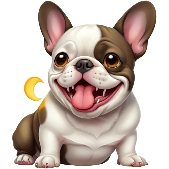 Cinematic Cute Yawning Pied French Bulldog Portrait Emoji, Head tilted with an exaggerated, endearing yawn and sleepy, squinty eyes, showcasing a unique pied fur of contrasting colors with a playful expression, simplified yet irresistibly adorable, highly detailed, glowing with a soft, cozy radiance, high shine, exuding a relaxed, humorous charm, styled with a gentle, soft glowing outline, capturing the essence of a Pied French Bulldog in a blissfully cute yawn that warms the heart! emoji