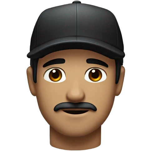 White guy with medium length straight black hair and a baseball hat. Brown eyes and a classic mustache and NO beard. Black hair emoji