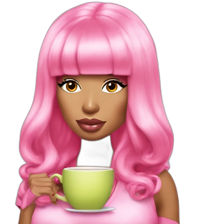 Nicki Minaj sipping tea side eye pink wig pink clothes emoji
