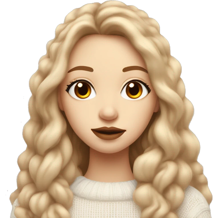 very pretty girl with beautiful long light brown hair big lips and small nose in white cozy sweater  emoji