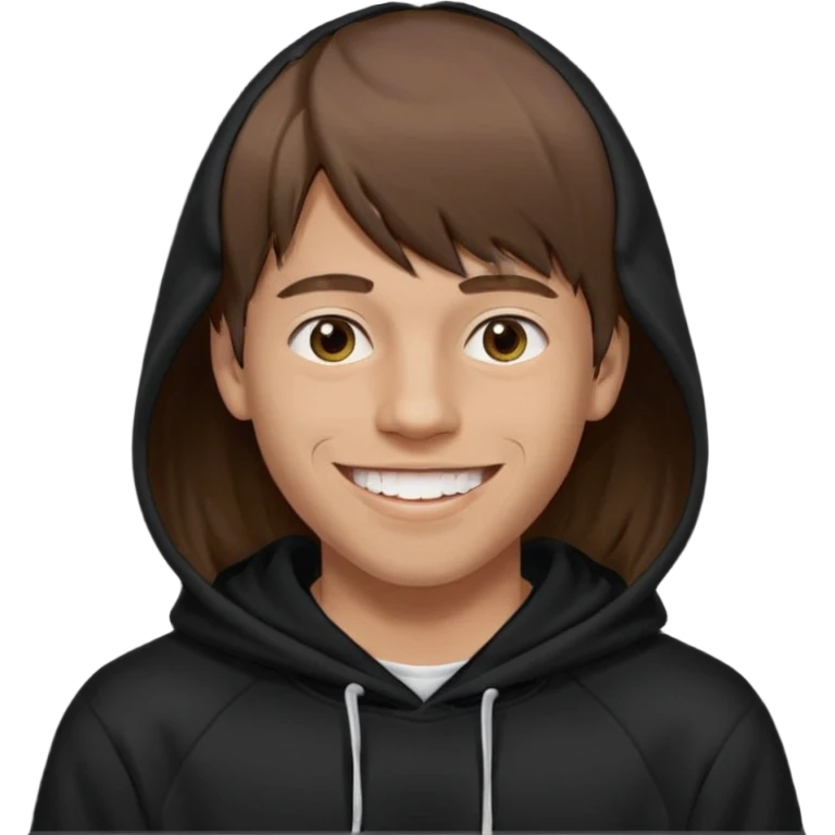 20 yr old man, brown hair, straight, big smile, white teeth, tanned skin, bangs, black hooded sweatshirt, long hair in back, center-parted bangs emoji