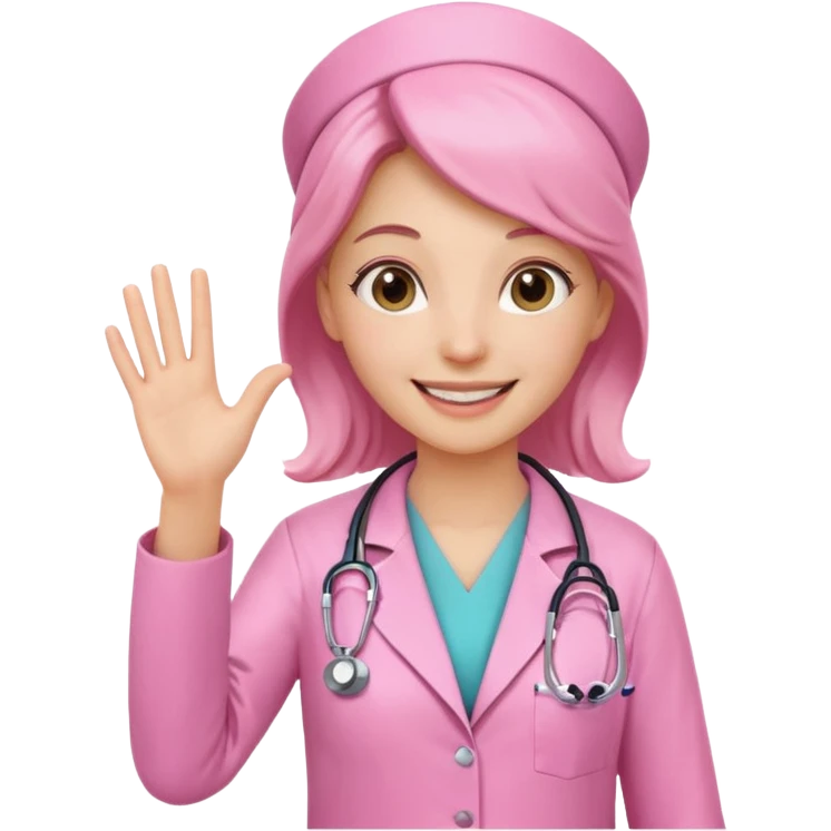 female doctor in pink attire with stethoscope waving, realistic emoji