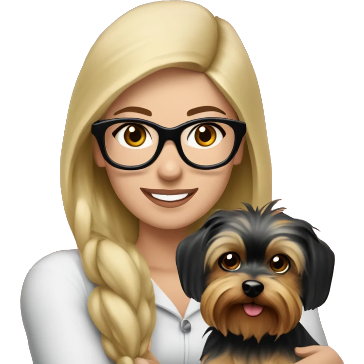 Beautiful blonde haired woman with ble eyes and black glasses wearing a red santa hat holding Yorkshire terrier emoji