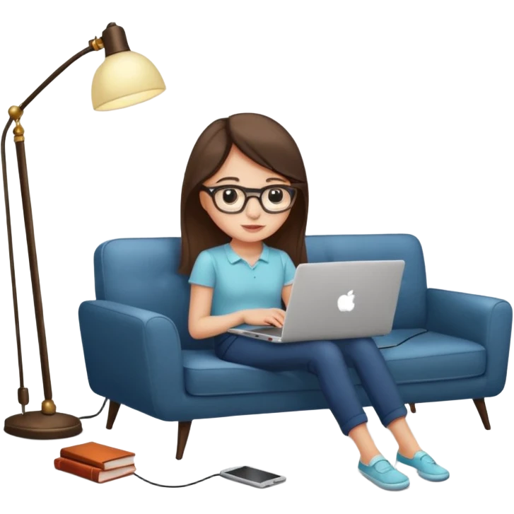 A girl is working with a laptop while lying on a sofa, with a floor lamp to the right. emoji