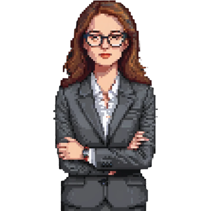 pixel art illustration of a businesswoman from the waist up, wearing a suit and glasses, hand under chin, gazing to the side with thoughtful expression, luxury watch subtly shown on wrist, curious and contemplative mood, clean background emoji