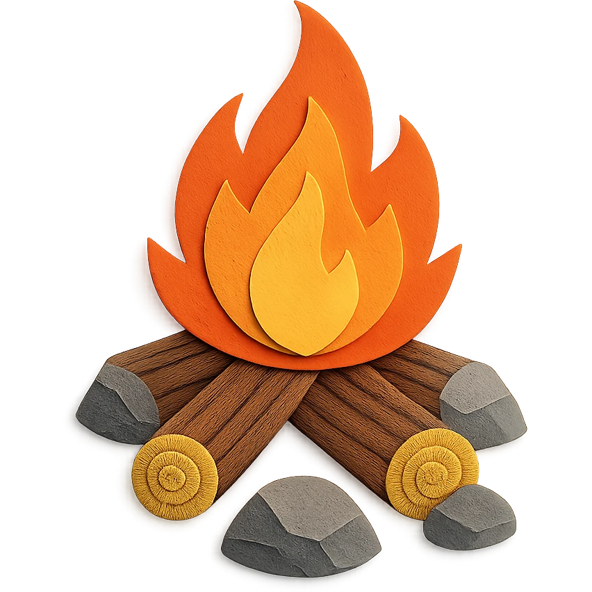 detailed campfire, paper craft style, expressive flame textures, wood logs with grain, rocks with layered paper effect emoji