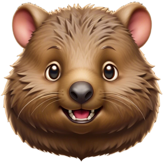 Cinematic Comical Wombat Portrait Emoji, Head tilted dramatically with an exaggeratedly amused expression, featuring a striking, glossy shaggy brown fur with bold textures and wide, expressive eyes filled with playful disbelief, Simplified yet hilariously expressive features, highly detailed, glowing with a slightly sassy glow, high shine, dramatic yet playful, stylized with an air of cheeky bush mischief, bright and endearing, soft glowing outline, capturing the essence of a spirited and over‐the‐top wombat, so meme‐worthy it feels like it could snort its way into internet fame instantly! emoji