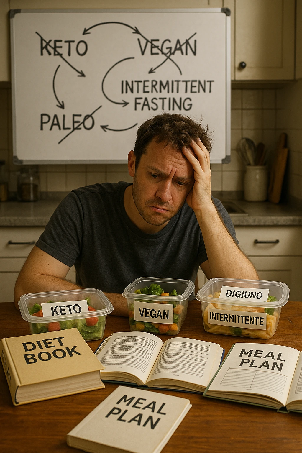 Confused man in his 30s sitting at a kitchen table cluttered with various diet books, meal plans, and food containers labeled keto, vegan, paleo, DIGIUNO INTERMITTENTE. He holds his head with one hand, looking overwhelmed and frustrated. The background shows a whiteboard full of crossed-out diet names and arrows going in circles. Expression: mental fatigue, indecision, information overload. Soft lighting, slight mess to emphasize his struggle. emoji