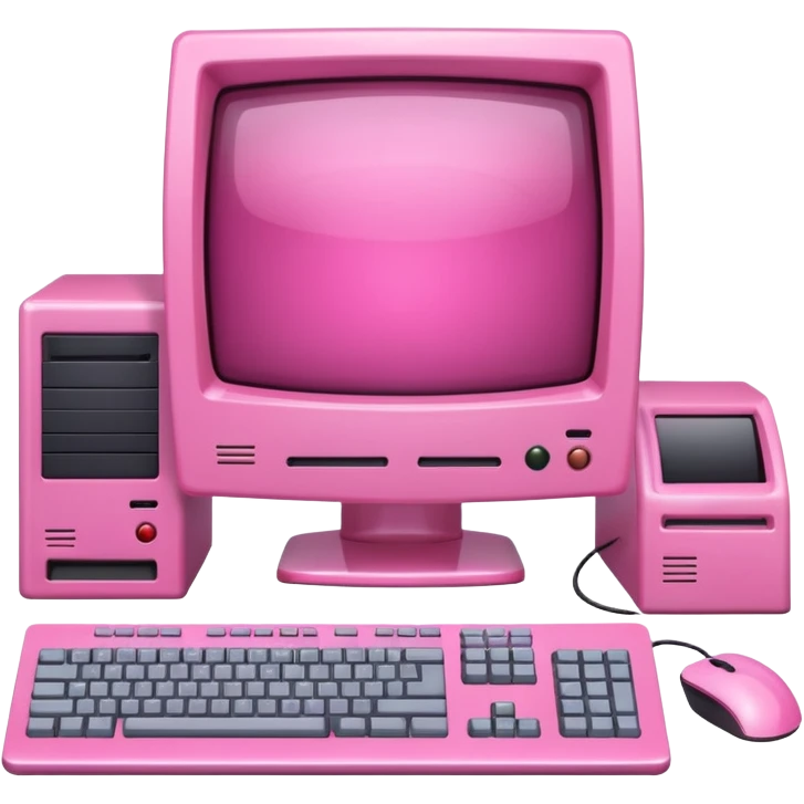 shiny pink translucent 90s computer with CRT monitor, keyboard, PC tower, mouse emoji