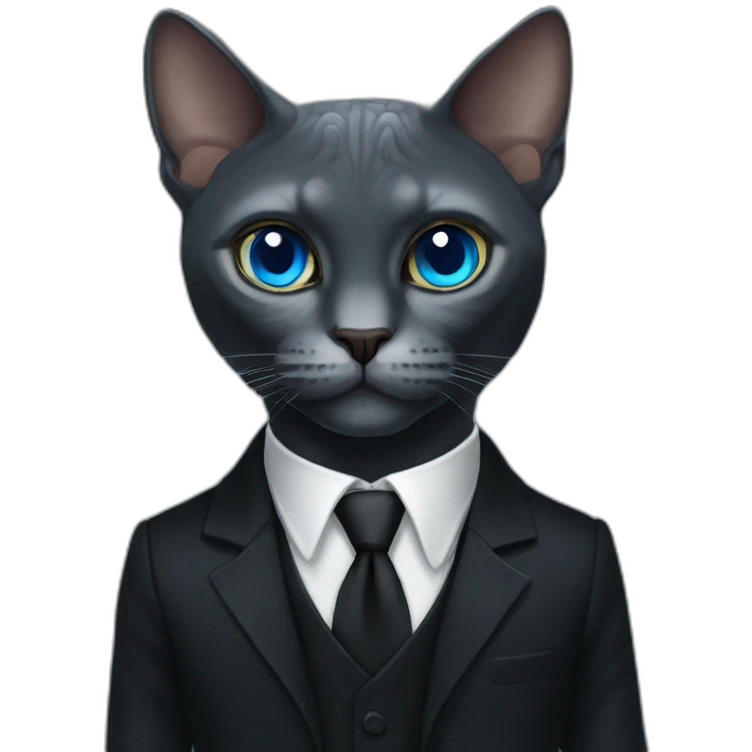 reptilian sphinx dark grey cat with blue eyes wearing black suit, portrait emoji