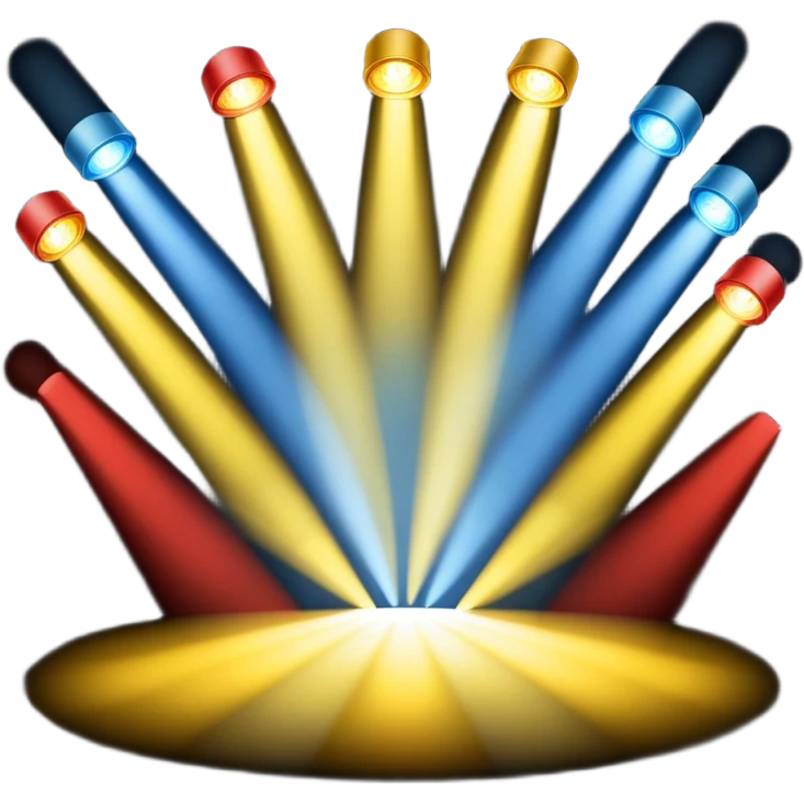 An emoji of stage lights shining brightly. Multiple spotlights in different colors (blue, yellow, red) angled towards a stage, creating a dramatic and concert-like atmosphere. Beams of light cutting through the darkness with a slight glow effect emoji